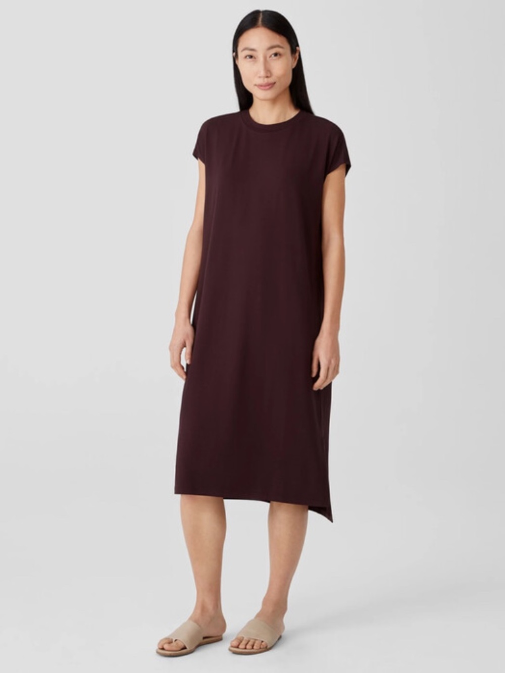 Eileen Fisher classic jersey crewneck dress in cassis purple